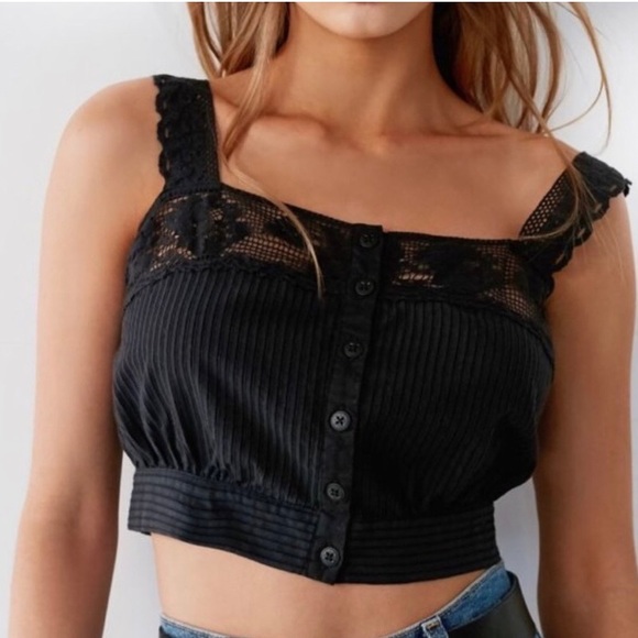 Urban Outfitters Tops - UO x Out From Under Button Front Crochet Lace Cropped Black Jilly Ann Cami